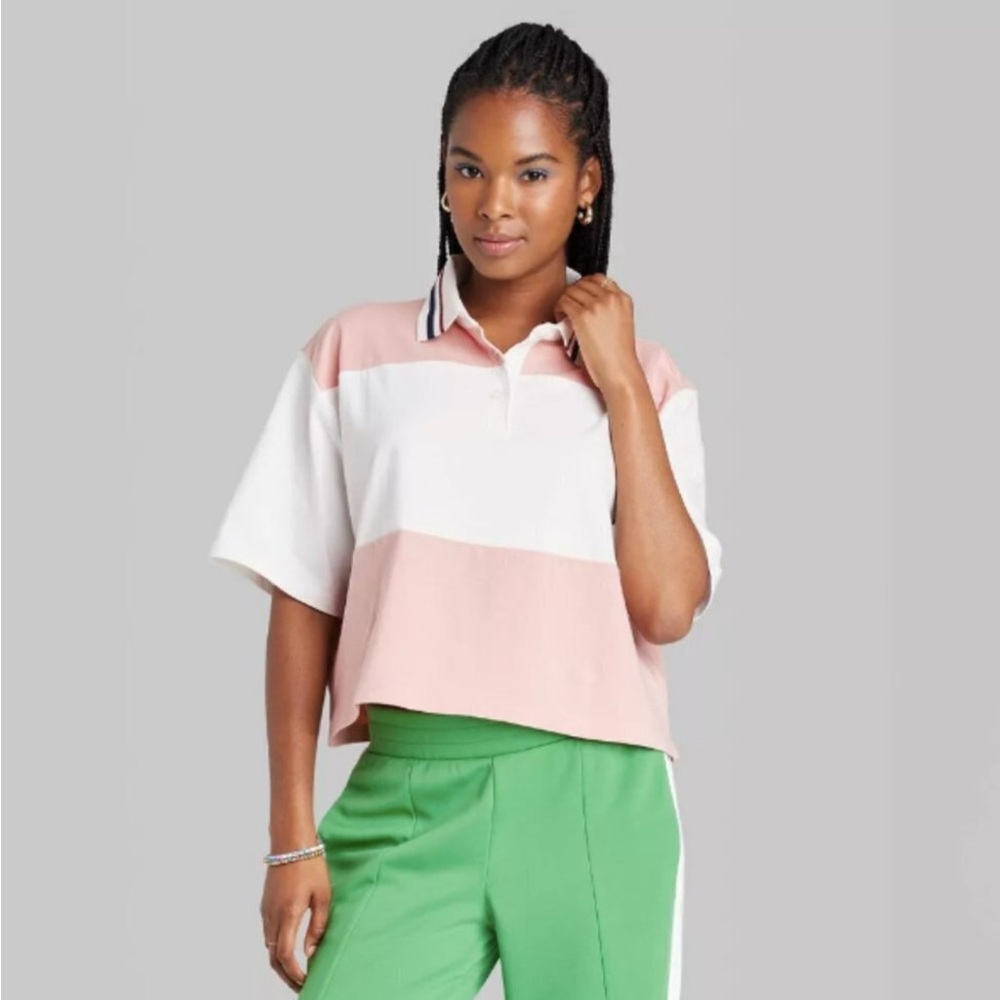 Wild Fable Women's Short Sleeve Rugby Shirt Pink White Stripe Large